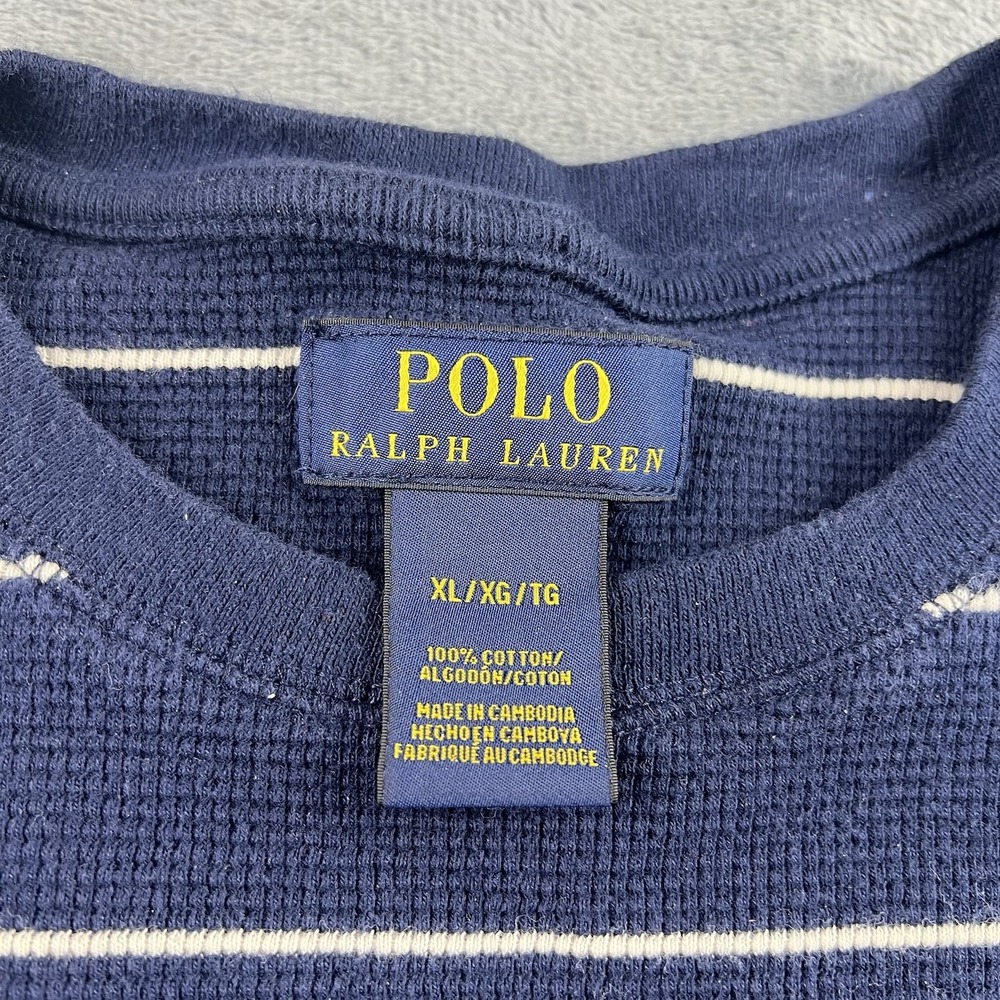 Polo Ralph Lauren Thermal Sweatshirt‎ Mens XL Pullover Navy Blue Striped Pony - Picture 3 of 6